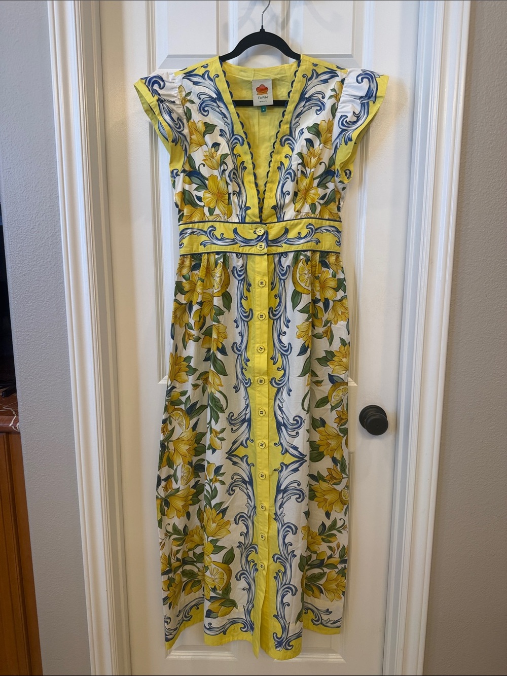 Farm Rio Yellow Mediterranean Sicily Scarf Lemon Tile Dress Medium